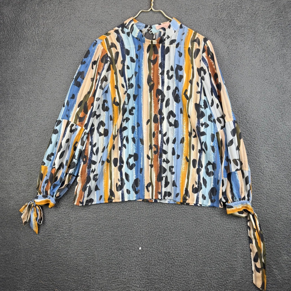 Hutch Womens Blue Orange Abstract Leopard Striped Mock Neck Tie Cuff Blouse M